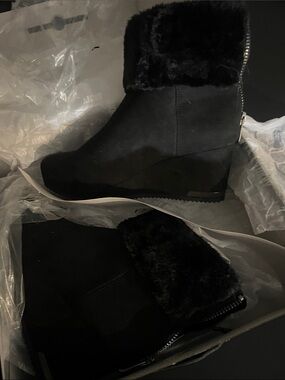 DKNY Black Faux-Fur Wedge Ankle Boots